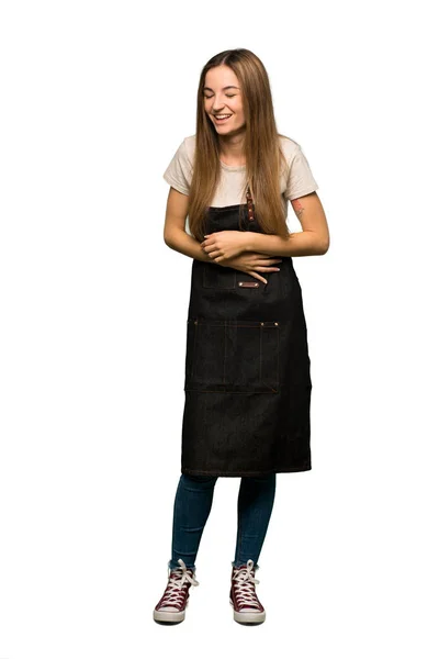 Full Body Young Woman Apron Smiling Lot While Putting Hands — Stock Photo, Image