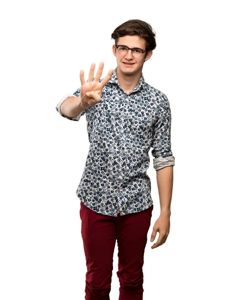 Hombre Adolescente Con Camisa Flores Gafas Feliz Contando Cuatro Con —  Fotos de Stock