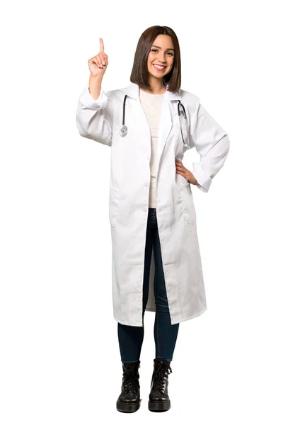 Full Length Shot Young Doctor Woman Showing Lifting Finger Sign — Stock Photo, Image