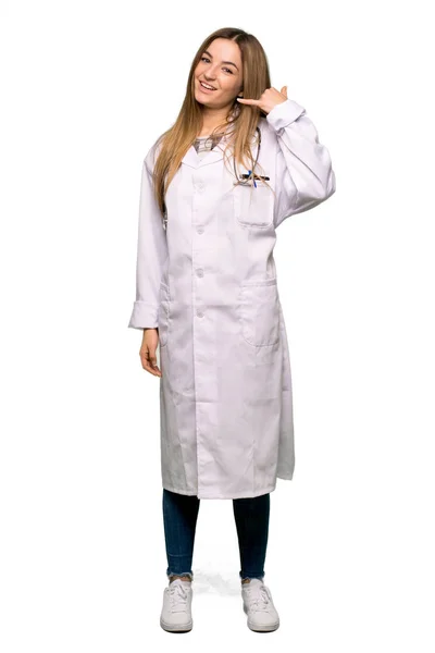 Full Body Young Doctor Woman Making Phone Gesture Call Back — Stock Photo, Image