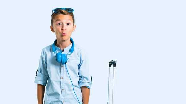 Kid Sunglasses Headphones Traveling His Suitcase Makes Funny Crazy Face — Stock Photo, Image