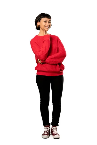 Uma Foto Completa Uma Garota Cabelo Curto Com Suéter Vermelho — Fotografia de Stock