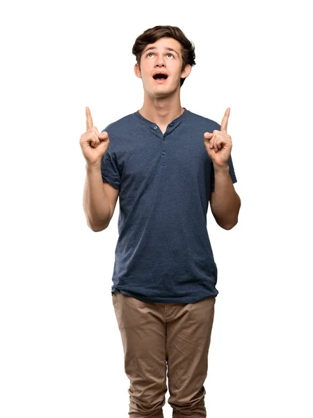 Teenager Man Pointing Surprised Isolated White Background — Stock Photo, Image