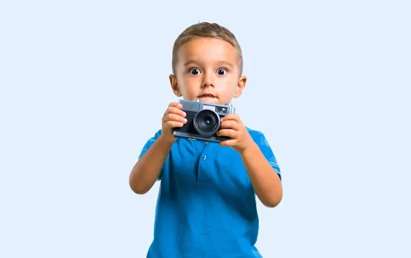 Little Kid Photographing Something Color Baackground — Stock Photo, Image