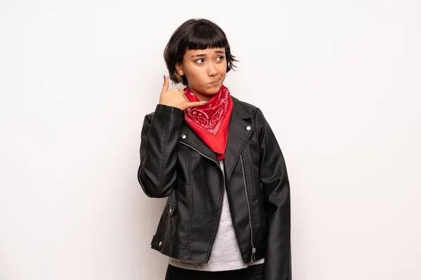 Woman Leather Jacket Handkerchief Making Phone Gesture Doubting — Stock Photo, Image