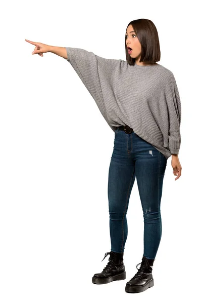 Full Length Shot Young Woman Pointing Away Isolated White Background — Stock Photo, Image