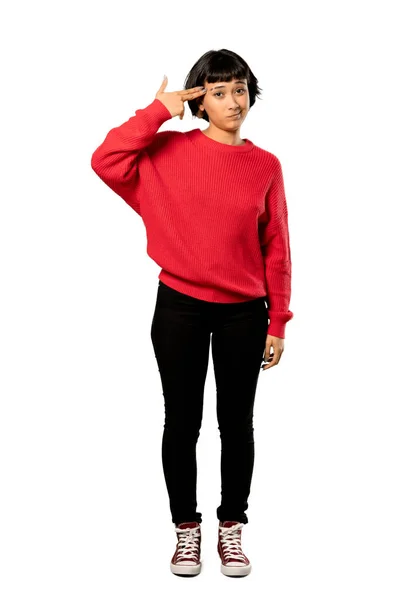 Pełnej Długości Strzał Krótkie Włosy Dziewczyny Czerwony Sweter Problemami Gestem — Zdjęcie stockowe
