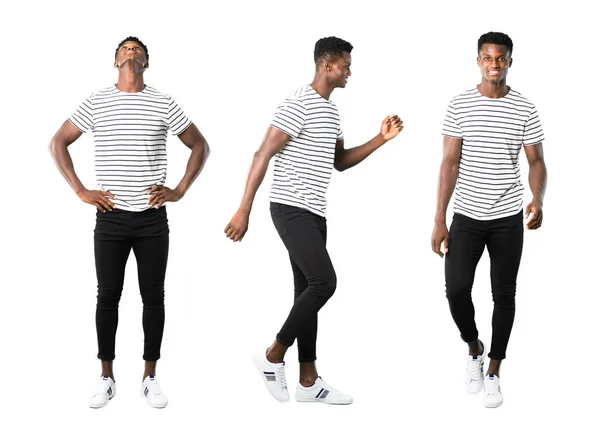 Set Dark Skinned Man Striped Shirt Walking Motion Gesture — Stock Photo, Image