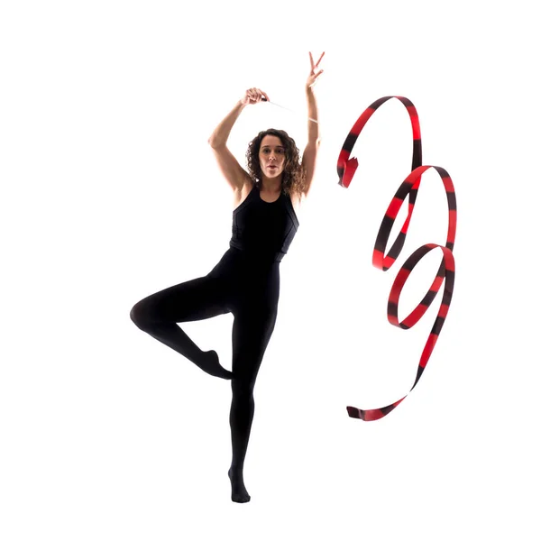 Жінка Робить Художню Гімнастику Стрічкою Ізольованому Білому Тлі — стокове фото