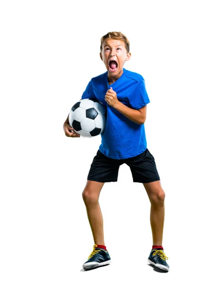 Een Full Length Schot Van Lucky Boy Voetballen Geïsoleerde Witte — Stockfoto