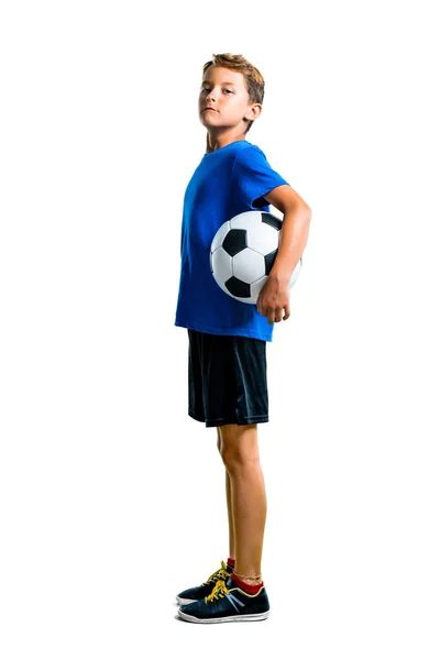 Celovečerní Snímek Chlapce Hrát Fotbal Izolované Bílém Pozadí — Stock fotografie
