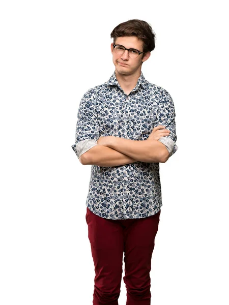 Mężczyzna Nastolatek Koszula Kwiat Uczucie Zdenerwowany Białym Tle Okulary — Zdjęcie stockowe