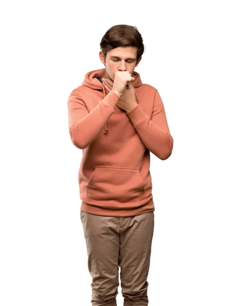 Tiener Man Met Sweatshirt Lijden Met Hoest Gevoel Slecht Geïsoleerde — Stockfoto