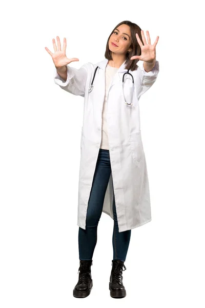 Uma Foto Completa Uma Jovem Médica Contando Dez Com Dedos — Fotografia de Stock