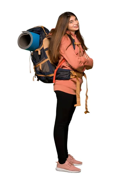 Tiro Completo Menina Caminhante Com Braços Cruzados Olhando Para Frente — Fotografia de Stock