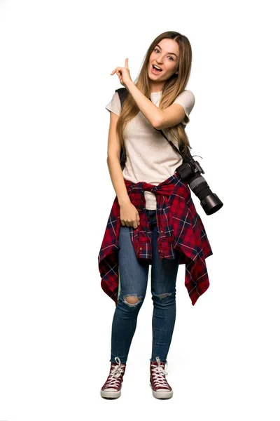 Full Body Young Photographer Woman Pointing Back Index Finger Isolated — Stock Photo, Image