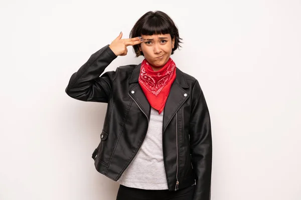 Woman Leather Jacket Handkerchief Problems Making Suicide Gesture — Stock Photo, Image