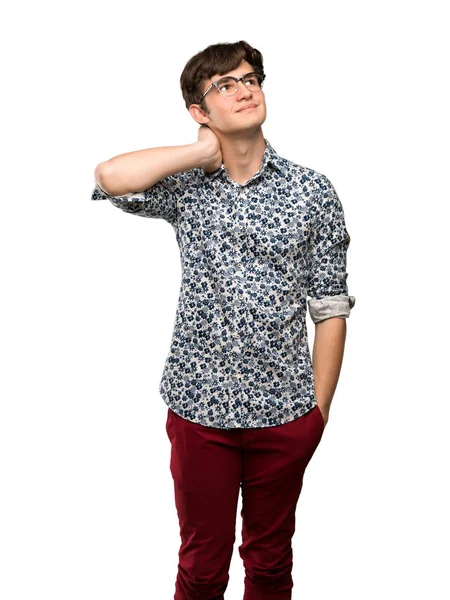 Подросток Цветочной Рубашке Очках Думая Идее Чешет Голову Изолированном Белом — стоковое фото