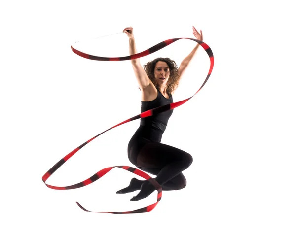 Woman Doing Rhythmic Gymnastics Ribbon Isolated White Background — Stock Photo, Image