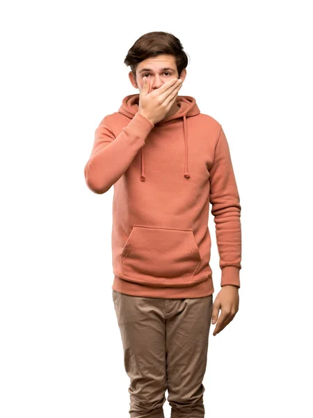 Adolescente Homem Com Camisola Cobrindo Boca Com Mãos Para Dizer — Fotografia de Stock