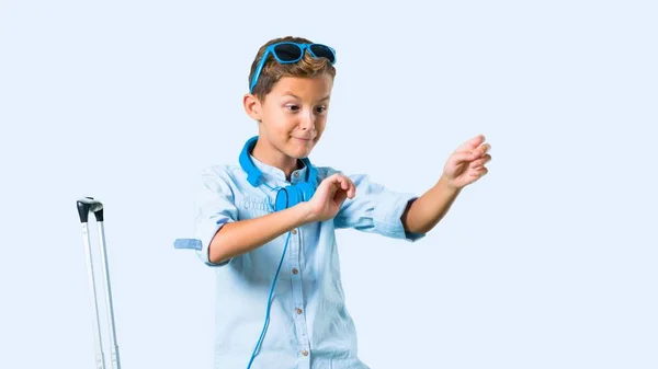 Kid Sunglasses Headphones Traveling His Suitcase Listening Music Dancing Blue — Stock Photo, Image