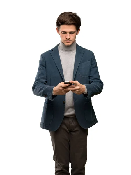 Teenager Man Turtleneck Sending Message Mobile Isolated White Background — Stock Photo, Image