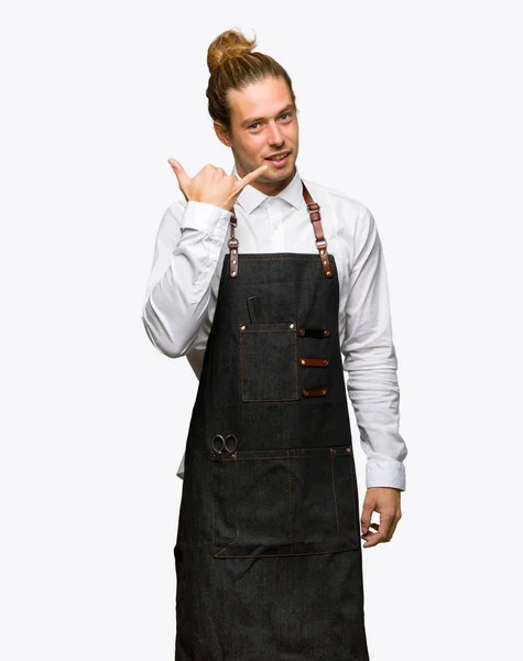 Barber Man Apron Making Phone Gesture Call Back Sign Isolated — Stock Photo, Image