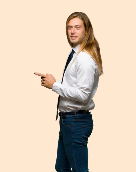 Blond Businessman Long Hair Sending Message Mobile Isolated Background — Stock Photo, Image