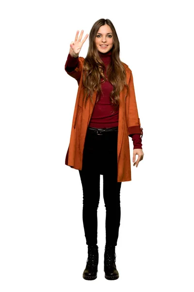 Full Length Shot Young Woman Coat Happy Counting Three Fingers — Stock Photo, Image
