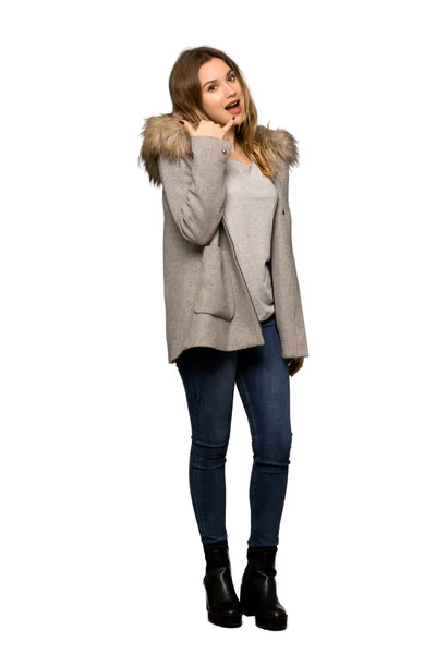 Full Length Shot Teenager Girl Coat Making Phone Gesture Call — Stock Photo, Image