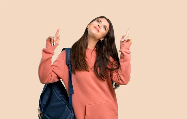 Teenager Girl Sweatshirt Backpack Pointing Index Finger Great Idea Color — Stock Photo, Image