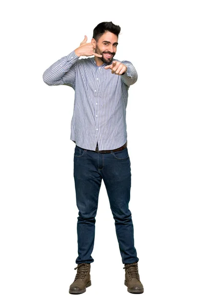 Full Length Shot Elegant Man Shirt Making Phone Gesture Pointing — Stock Photo, Image