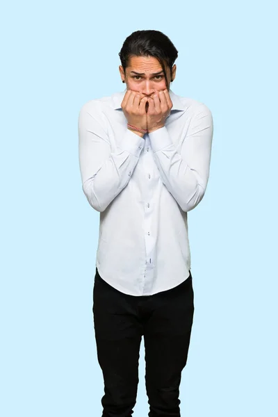 Handsome Man Little Bit Nervous Scared Putting Hands Mouth Isolated — Stock Photo, Image
