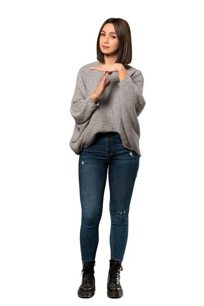 Full Length Shot Young Woman Making Time Out Gesture Isolated — Stock Photo, Image