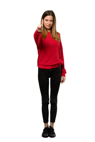 Повнометражний Знімок Молодої Жінки Червоним Светром Показує Піднімає Палець Над — стокове фото