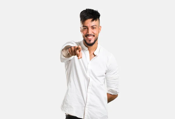 Arabic Young Man White Shirt Points Finger You Grey Background — Stock Photo, Image