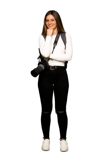 Full Body Young Photographer Woman Glasses Smiling — Stock Photo, Image
