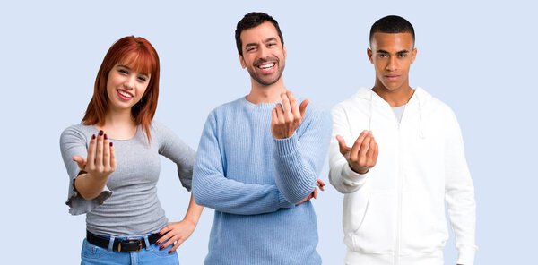 Group of three friends presenting and inviting to come