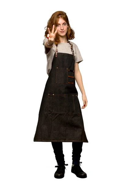 Full Length Shot Young Redhead Woman Apron Happy Counting Three — Stock Photo, Image