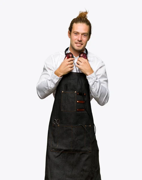 Barber Man Apron Headphones Isolated Background — Stock Photo, Image