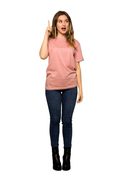 Eine Ganzkörperaufnahme Eines Teenagermädchens Mit Rosa Pullover Hat Gerade Etwas — Stockfoto