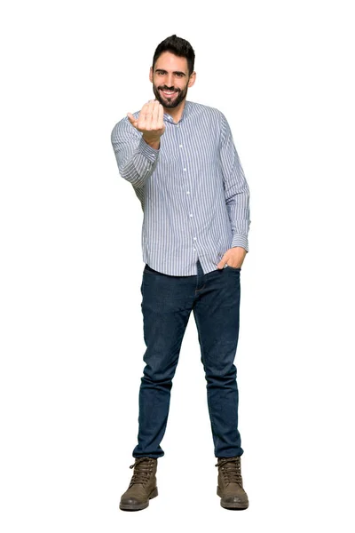 Pełnej Długości Strzał Eleganckiego Mężczyzny Koszuli Zapraszając Przyjść Ręki Szczęśliwy — Zdjęcie stockowe