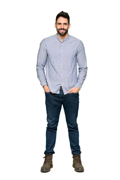 Pełnej Długości Strzał Eleganckiego Mężczyzny Koszuli Pozowanie Śmiejąc Się Patrząc — Zdjęcie stockowe