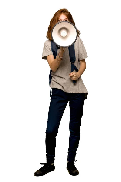 Full Length Shot Young Redhead Student Shouting Megaphone Isolated White — Stock Photo, Image