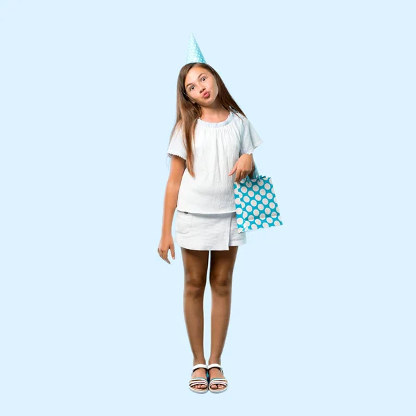 Full Body Little Girl Birthday Party Holding Gift Bag Makes — Stock Photo, Image