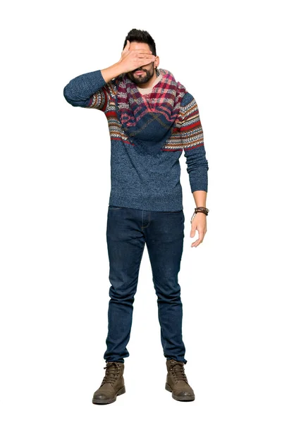 Full Length Shot Hippie Man Covering Eyes Hands Want See — Stock Photo, Image