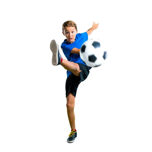 Full Length Shot Boy Playing Soccer Kicking Ball Isolated White — Stock Photo, Image