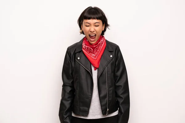 Woman Leather Jacket Handkerchief Shouting Front Mouth Wide Open — Stock Photo, Image