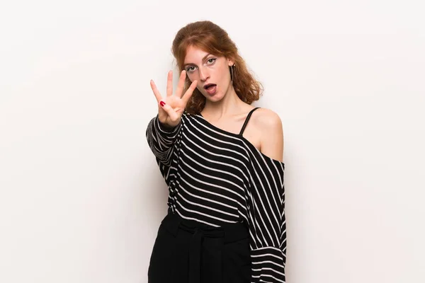 Young Redhead Woman White Wall Happy Counting Four Fingers — Stock Photo, Image