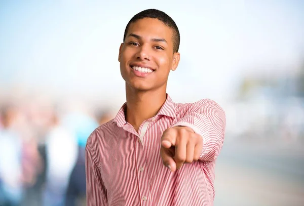 Young African American Man Points Finger You Confident Expression Unfocused — Stock Photo, Image